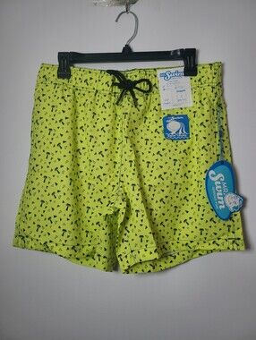 Mr.Swim Neon Yellow Swim Trunks with Black Abstract Palm Print Mens Size Medium